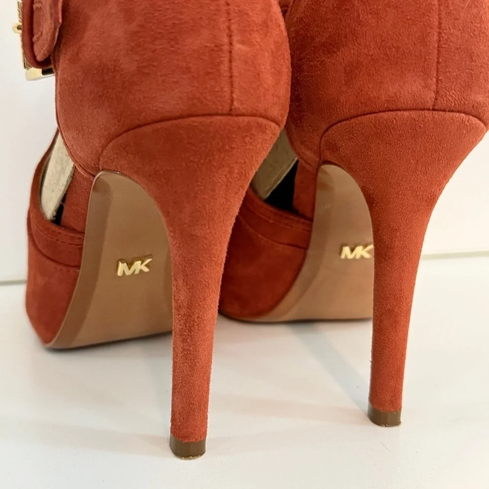 Michael Kors Burnt Orange Suede Cutout Peep-Toe Ankle Booties with Buckles